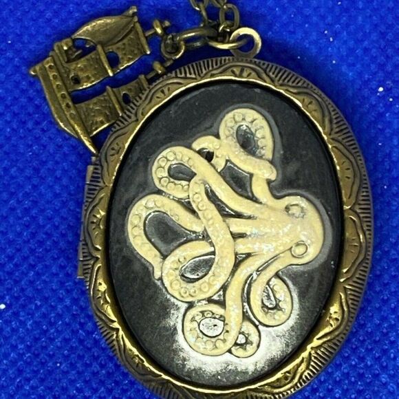 Bronze Octopus Ship Antique Gold Locket Necklace - Picture 4 of 9